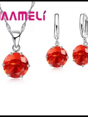 925 Sterling Silver with Unique Orange Gems  Pendant Necklace and Earrings Set